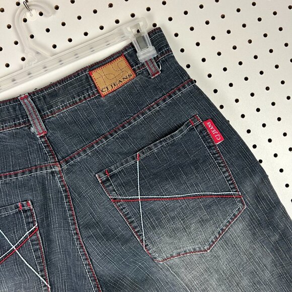 CJ Jeans Y2K Jorts Size 34 Wide Leg Baggy Embroidered Pockets Blue Cyber Punk - Picture 2 of 7